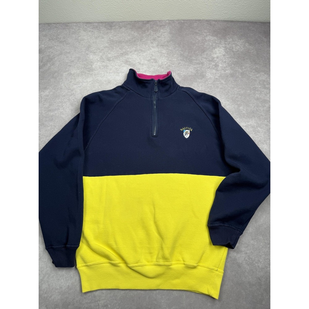 VTG Nautica Pullover Sweater Mens Medium Navy Yellow Half Zip Crest‎ Colorblock